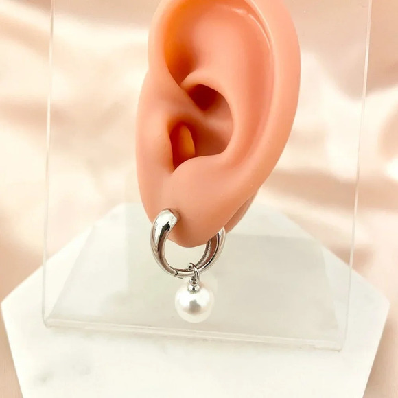 925 Sterling Silver Pearl Hoop Earrings Pearl Dangle Earrings - Picture 5 of 6